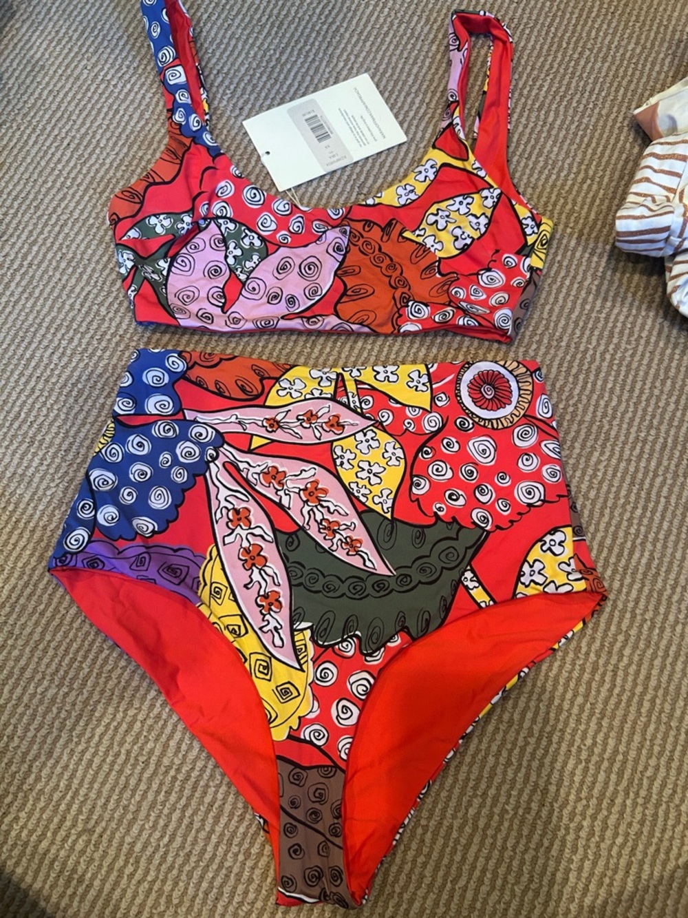 NWT MARA HOFFMAN High waist Lira Red and Pink Abstract Swirl Bikini size XS